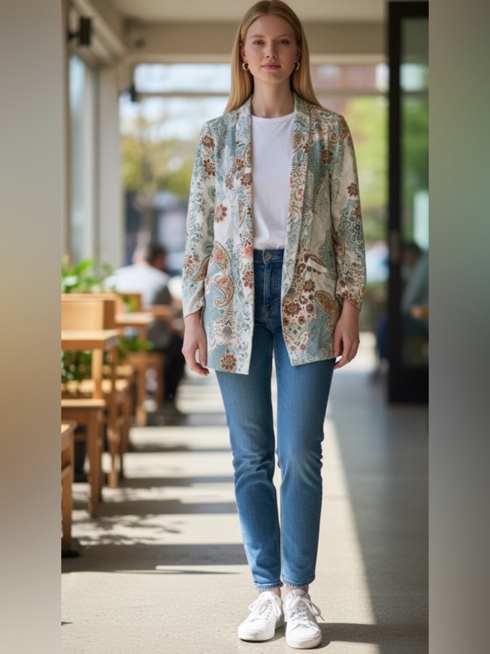 Chico's Off White-Light Beige pattern design Blazer